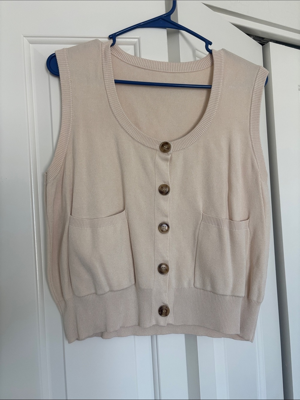 Sleeveless Button-Front Knit Vest in Cream